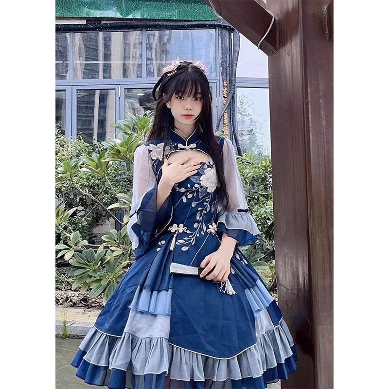 Qi Lolita Royal Blue Multi Layer Lace Print Classic Plus Size Chinese Style Princess Lolita JSK