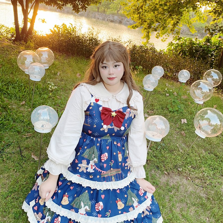 Red Blue Plus Sweet Christmas Gingerbread Bear Lolita Dress JSK