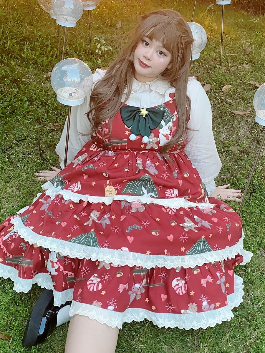 Red Blue Plus Sweet Christmas Gingerbread Bear Lolita Dress JSK