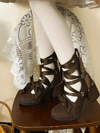 Lolita Shoes Red Red Pink Round Head Thick Strap Bow Elegant High Heels for Christmas
