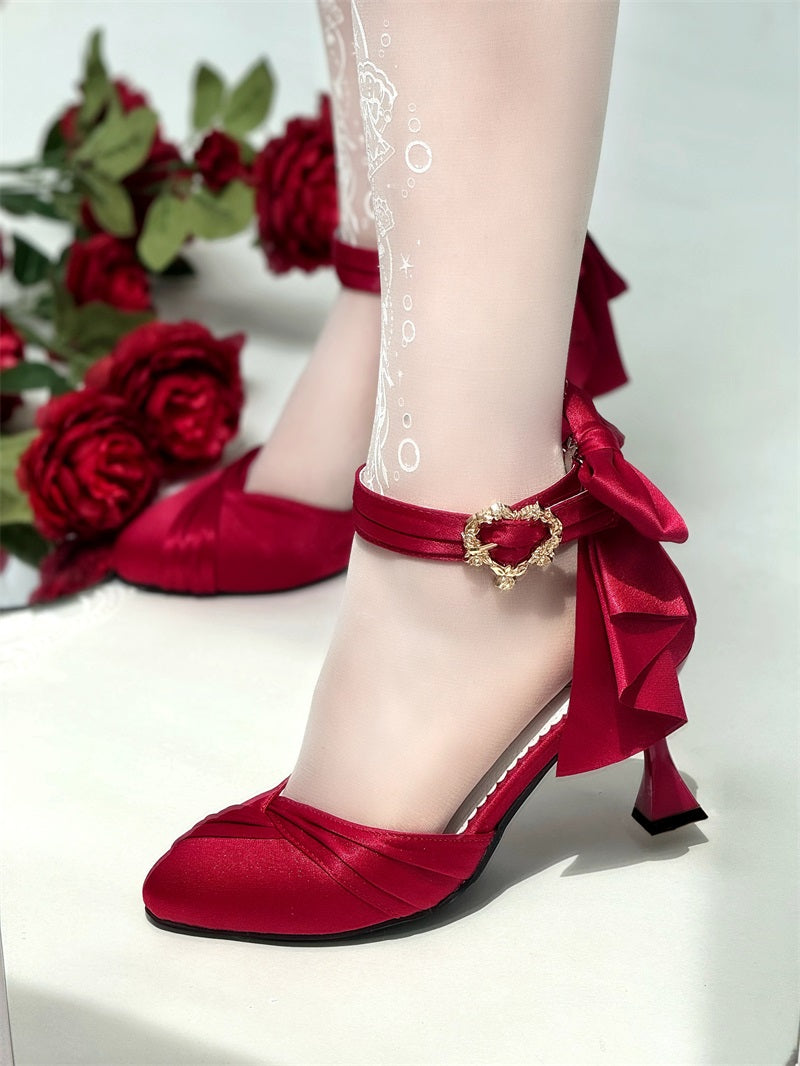 Red High Heel Bow Single Shoes Lolita Sandals Women's Shoes Elegant Stiletto