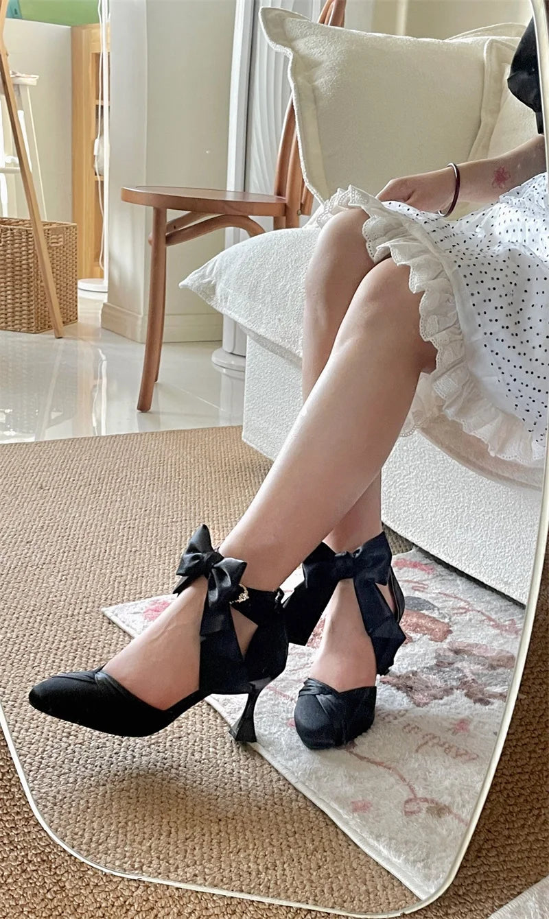 Red High Heel Bow Single Shoes Lolita Sandals Women's Shoes Elegant Stiletto