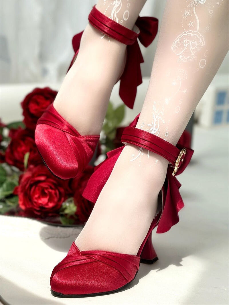 Red High Heel Bow Single Shoes Lolita Sandals Women's Shoes Elegant Stiletto