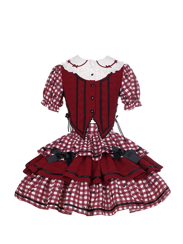 Sweet Lolita Red Plaid Sweetheart Three-piece Short-sleeved Cake Dress