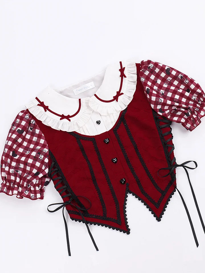 Sweet Lolita Red Plaid Sweetheart Three-piece Short-sleeved Cake Dress