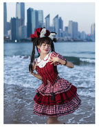 Sweet Lolita Red Plaid Sweetheart Three-piece Short-sleeved Cake Dress
