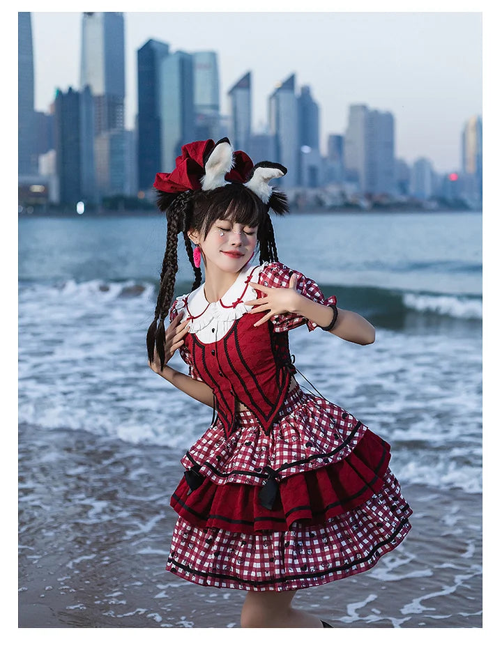 Sweet Lolita Red Plaid Sweetheart Three-piece Short-sleeved Cake Dress