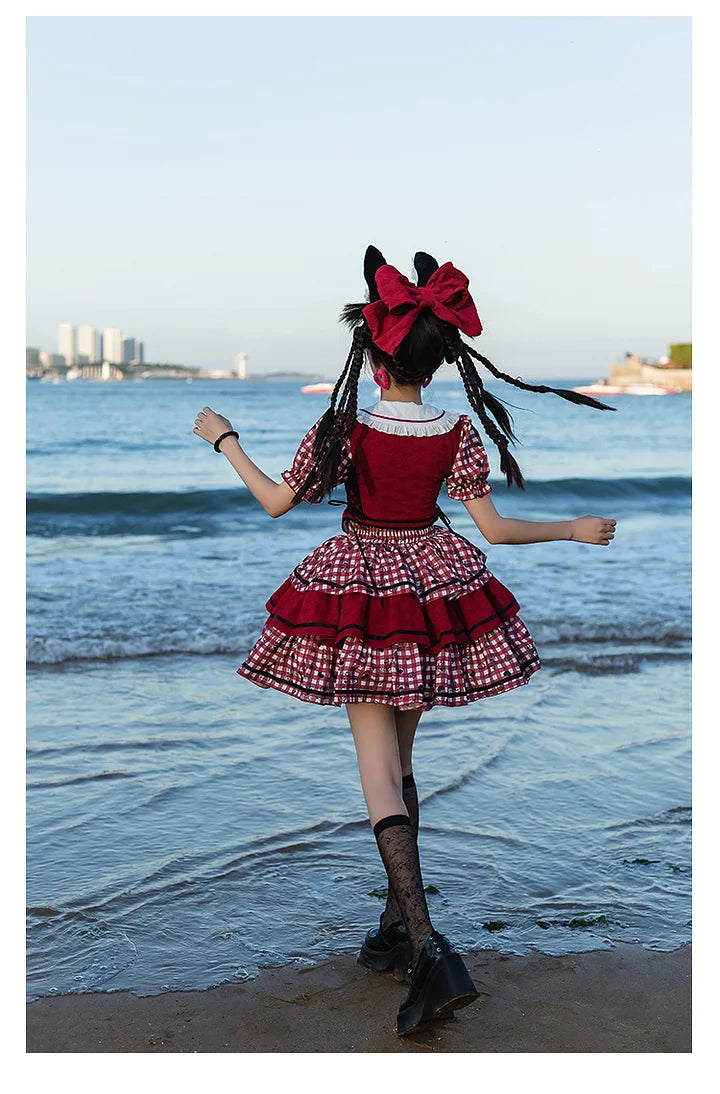 Sweet Lolita Red Plaid Sweetheart Three-piece Short-sleeved Cake Dress