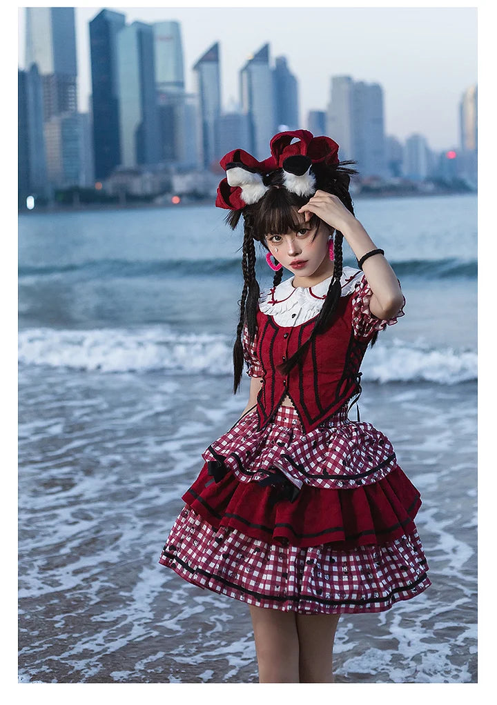 Sweet Lolita Red Plaid Sweetheart Three-piece Short-sleeved Cake Dress