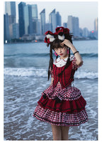 Sweet Lolita Red Plaid Sweetheart Three-piece Short-sleeved Cake Dress