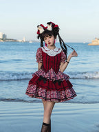 Sweet Lolita Red Plaid Sweetheart Three-piece Short-sleeved Cake Dress