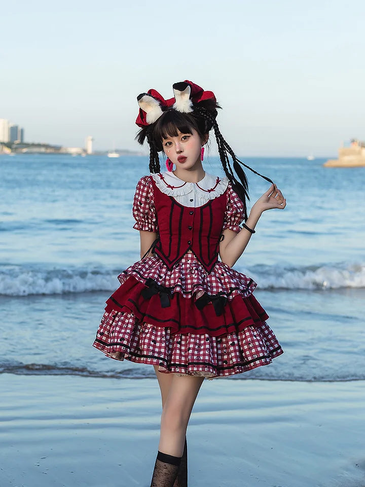 Sweet Lolita Red Plaid Sweetheart Three-piece Short-sleeved Cake Dress