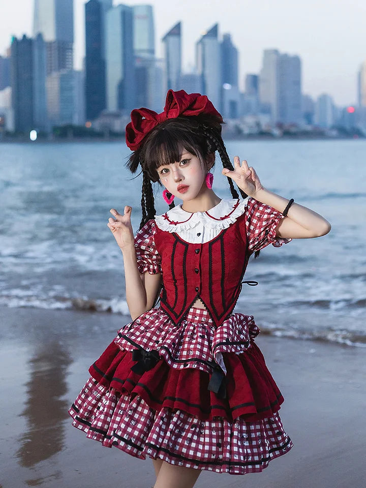 Sweet Lolita Red Plaid Sweetheart Three-piece Short-sleeved Cake Dress
