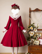 Red Wine Classic Vintage Lolita Dress Lace Collar OP Long Sleeve Casual