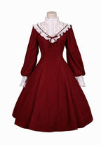 Red Wine Classic Vintage Lolita Dress Lace Collar OP Long Sleeve Casual