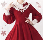 Red Wine Classic Vintage Lolita Dress Lace Collar OP Long Sleeve Casual