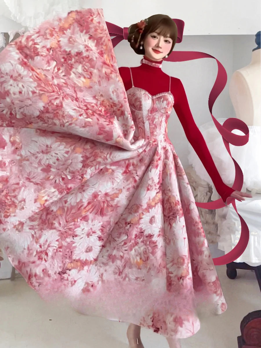 Romantic Pink Floral JSK Dress Midi Length Classic Lolita Dress Style