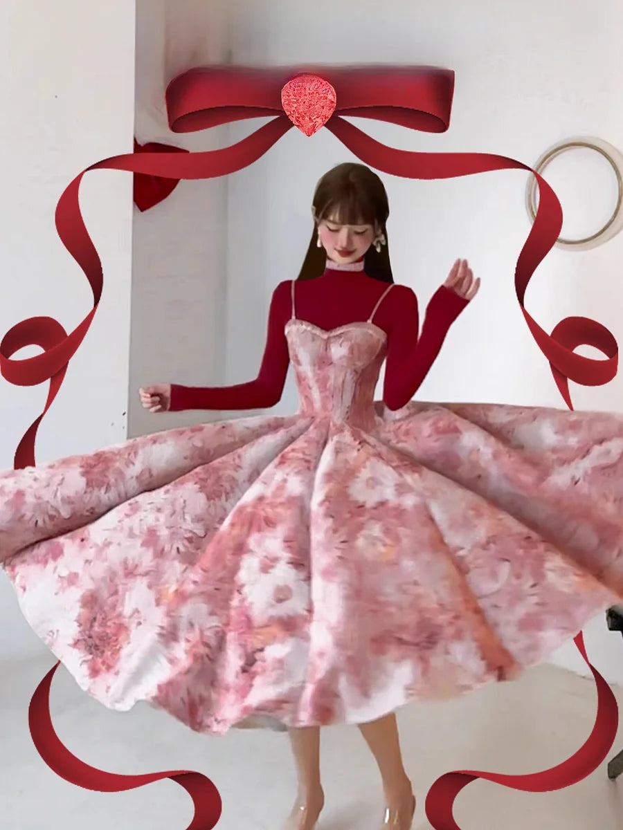 Romantic Pink Floral JSK Dress Midi Length Classic Lolita Dress Style