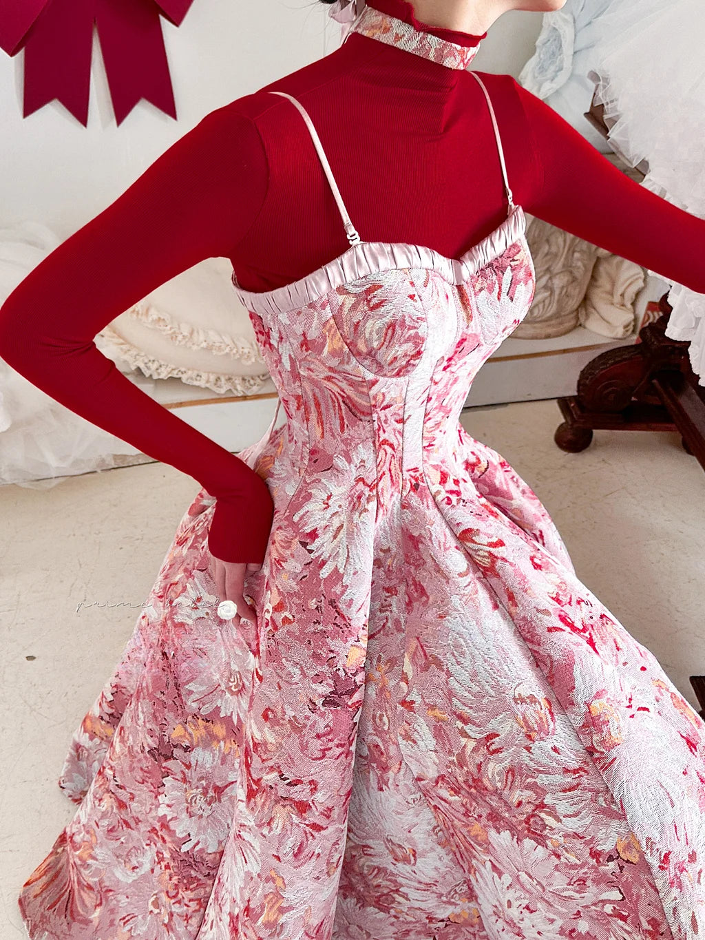 Romantic Pink Floral JSK Dress Midi Length Classic Lolita Dress Style