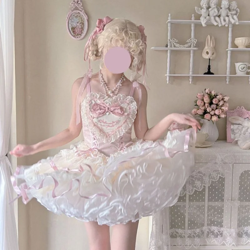 Sweet Lolita Pink Satin Ballet Lolita Suspender Dress Ballet Skirt Elegant