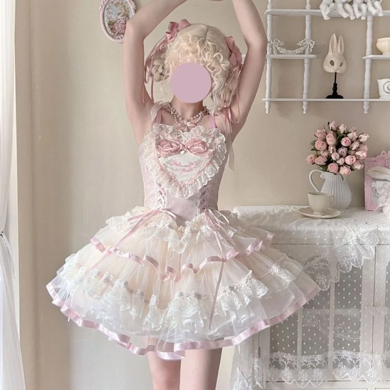 Sweet Lolita Pink Satin Ballet Lolita Suspender Dress Ballet Skirt Elegant