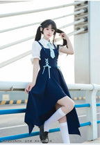 School Style Navy Blue Pinafore Dress Set Asymmetrical Summer Light Lolita
