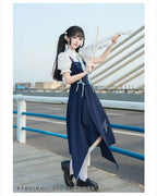 School Style Navy Blue Pinafore Dress Set Asymmetrical Summer Light Lolita