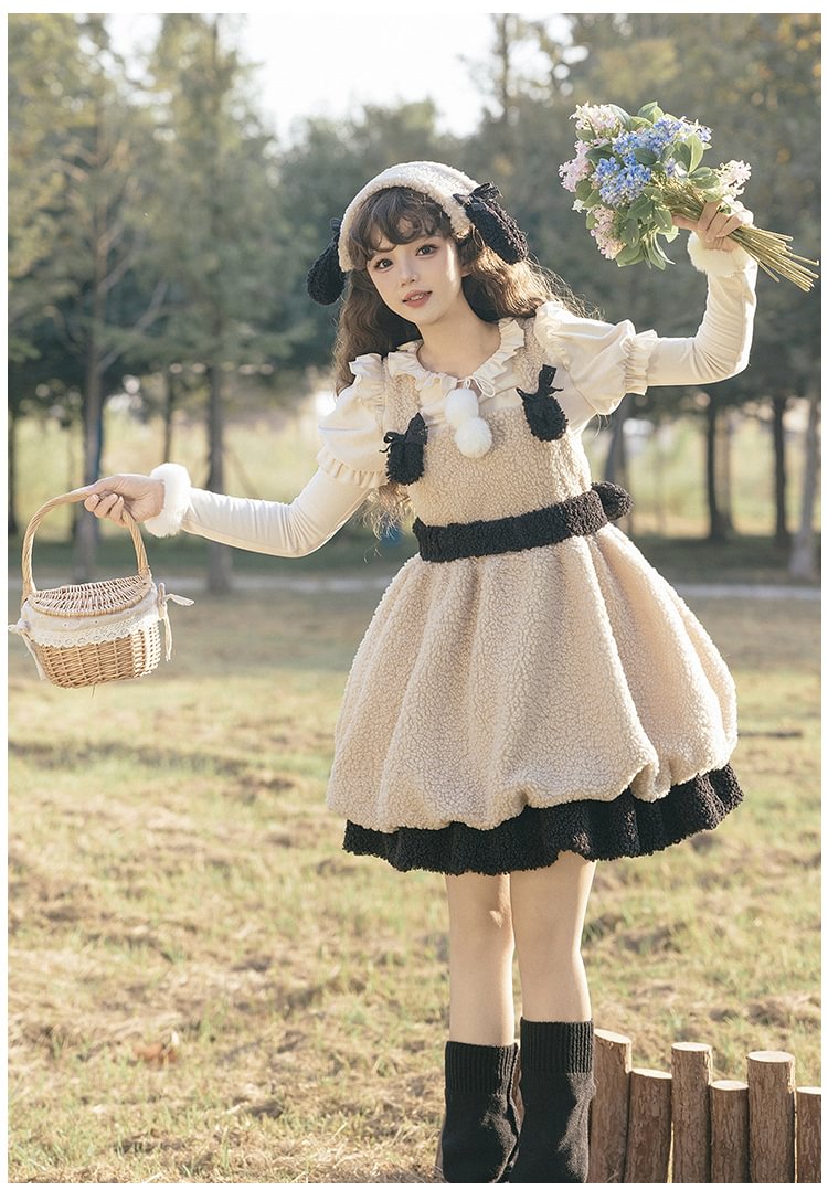 Shaun the Sheep Lamb Fur Suspender Dress Cute Sweet Lolita Dress Autumn Winter