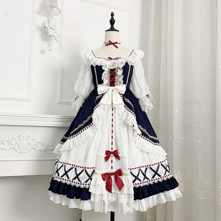 Snow White Elegant Lace Bow Princess Dress Sweet Chiffon Long Dress