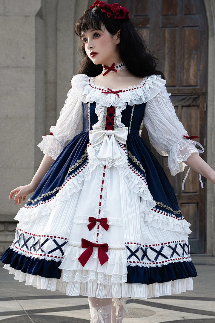 Snow White Elegant Lace Bow Princess Dress Sweet Chiffon Long Dress