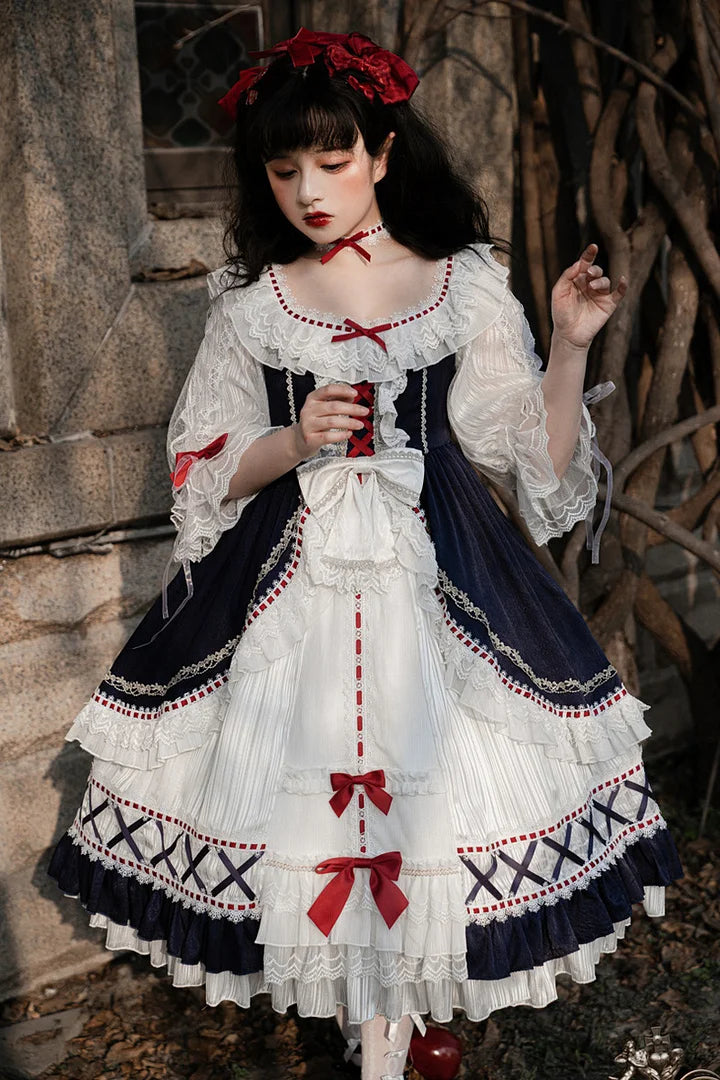 Snow White Elegant Lace Bow Princess Dress Sweet Chiffon Long Dress