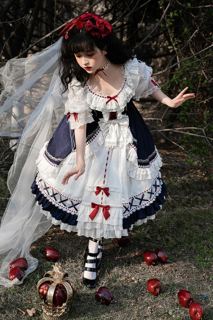Snow White Elegant Lace Bow Princess Dress Sweet Chiffon Long Dress