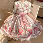 Spring/Summer Pink Cute Sweet JSK Daily Light Lolita Birthday Cake Dress Strawberry Bear Print