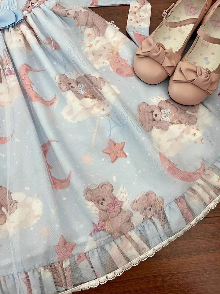 Star Teddy Bear Print Sweet Lolita Dress Cute Lace Short Sleeve Doll Dress