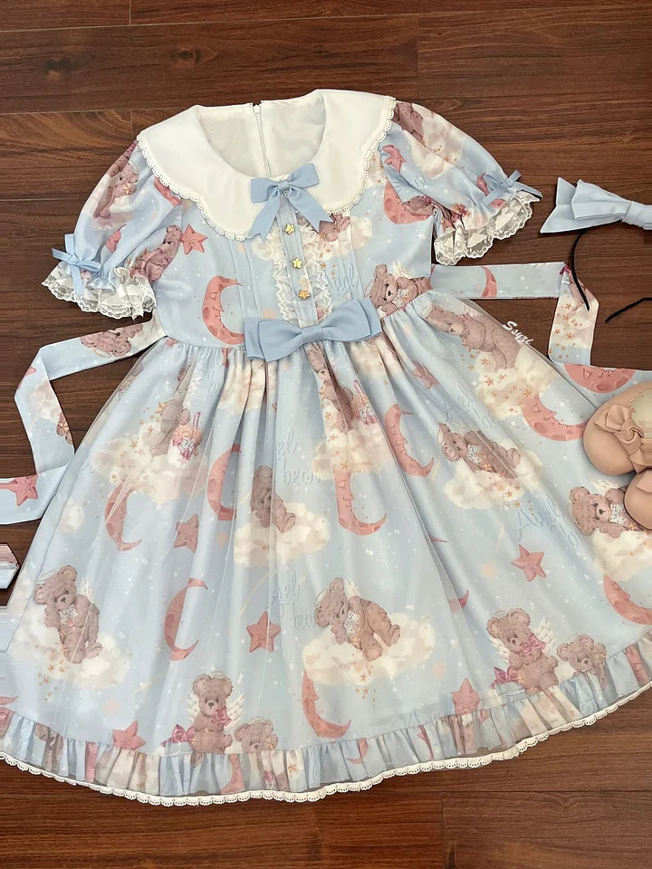 Star Teddy Bear Print Sweet Lolita Dress Cute Lace Short Sleeve Doll Dress