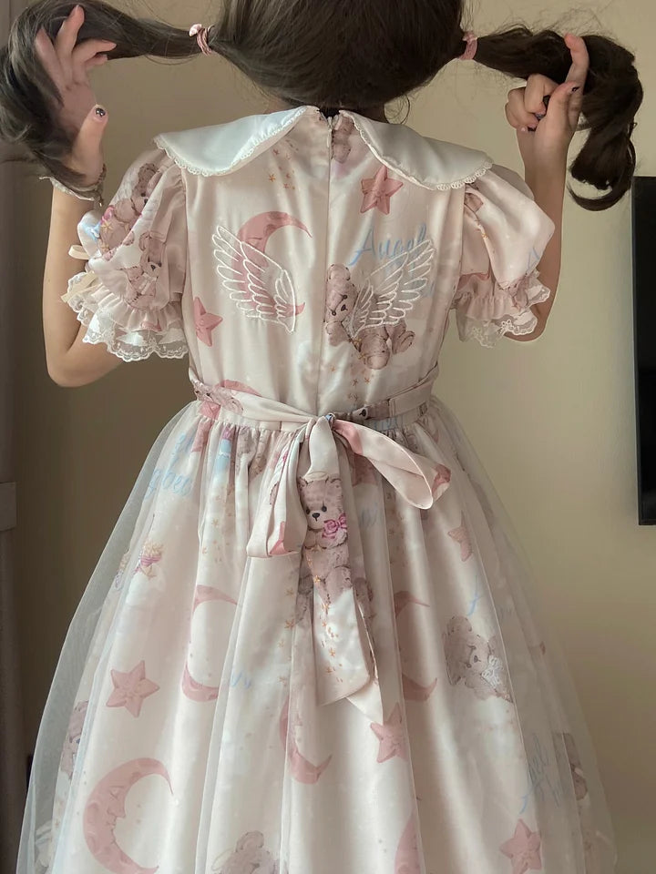Star Teddy Bear Print Sweet Lolita Dress Cute Lace Short Sleeve Doll Dress