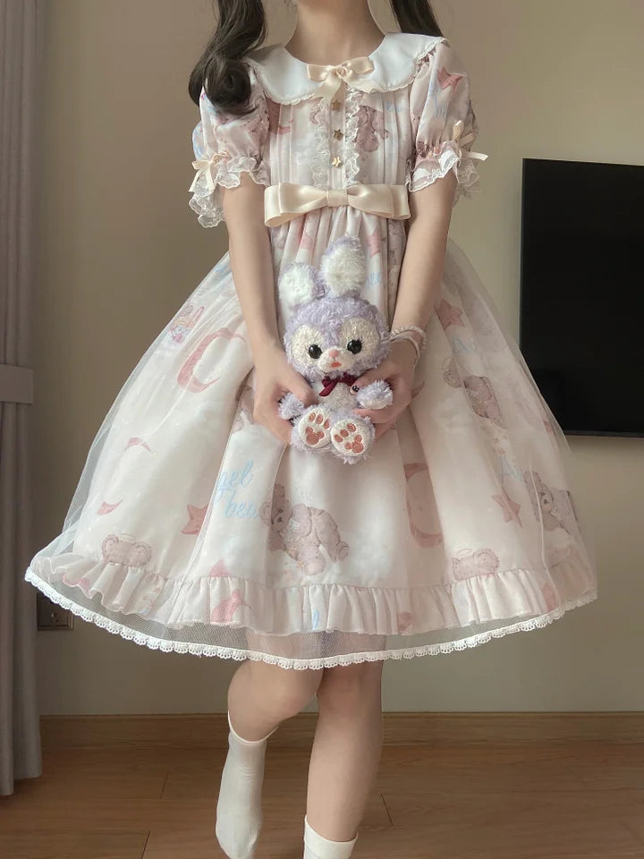 Star Teddy Bear Print Sweet Lolita Dress Cute Lace Short Sleeve Doll Dress
