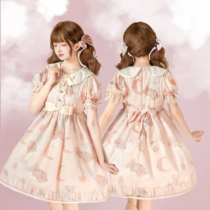 Star Teddy Bear Print Sweet Lolita Dress Cute Lace Short Sleeve Doll Dress