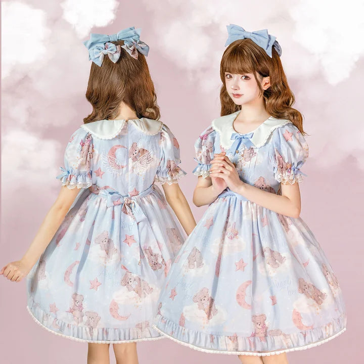 Star Teddy Bear Print Sweet Lolita Dress Cute Lace Short Sleeve Doll Dress