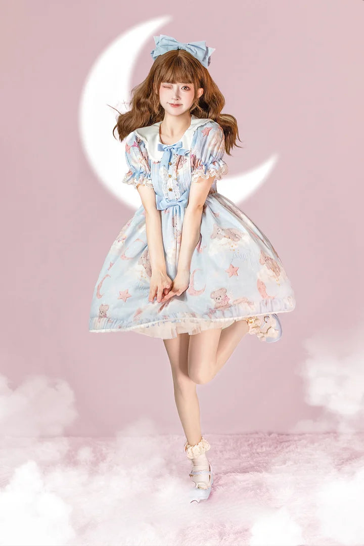 Star Teddy Bear Print Sweet Lolita Dress Cute Lace Short Sleeve Doll Dress