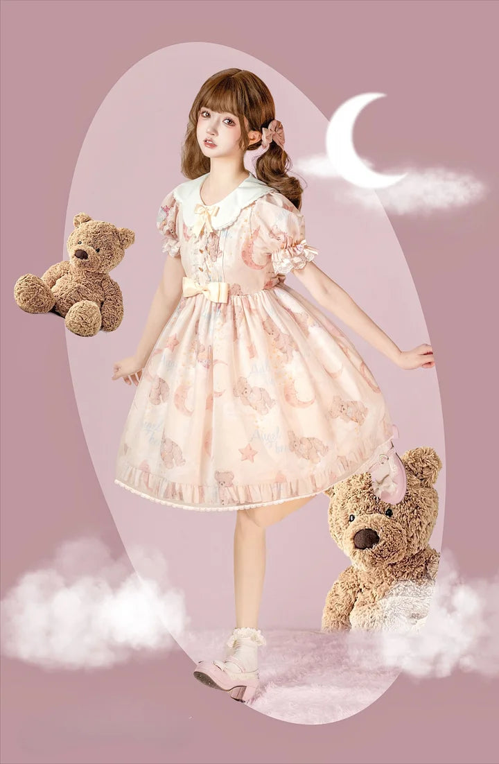 Star Teddy Bear Print Sweet Lolita Dress Cute Lace Short Sleeve Doll Dress