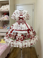 Strawberry Bear Sweet Embroidered Lolita Dress Red and White Chocolate  Dress Cute Short Sleeve Dress Kawaii Outfit