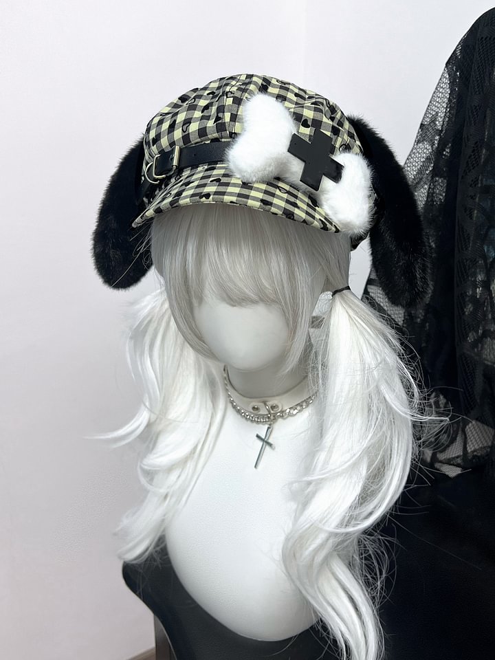 Lolita Hair Accessories Subculture Puppy Bone Hat Cute Plaid Beret Headgear