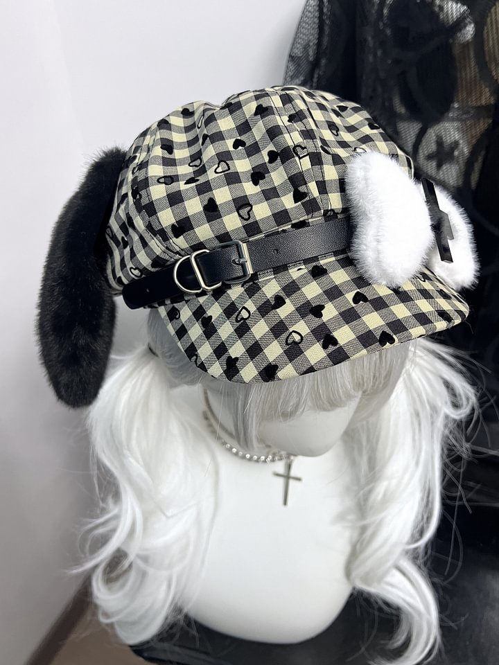 Lolita Hair Accessories Subculture Puppy Bone Hat Cute Plaid Beret Headgear