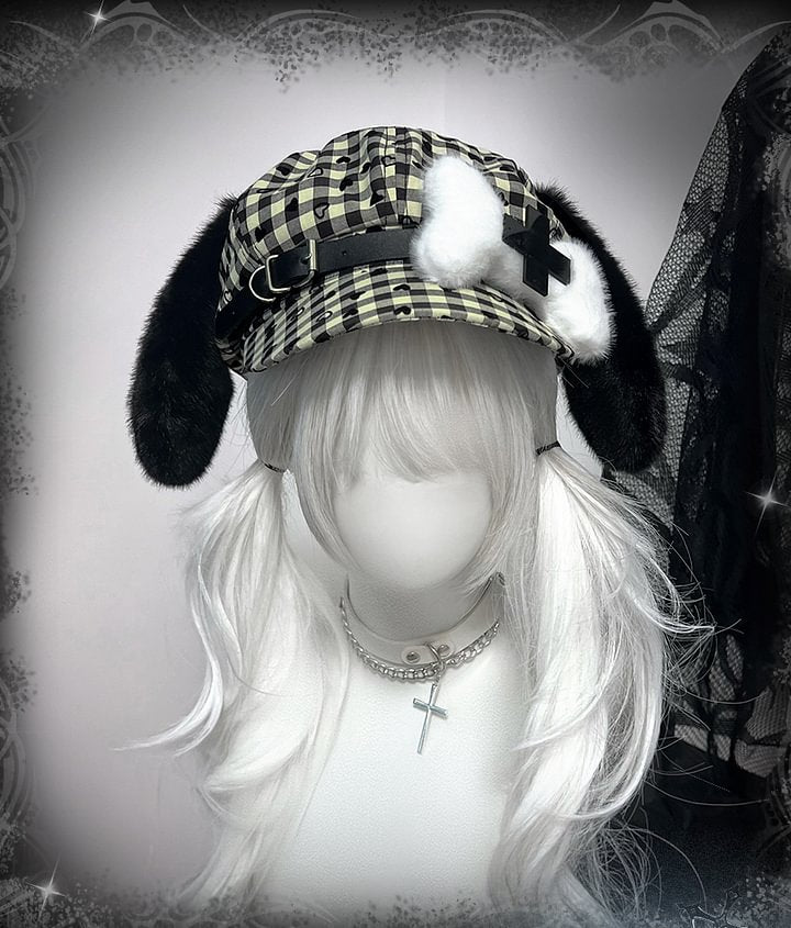 Lolita Hair Accessories Subculture Puppy Bone Hat Cute Plaid Beret Headgear