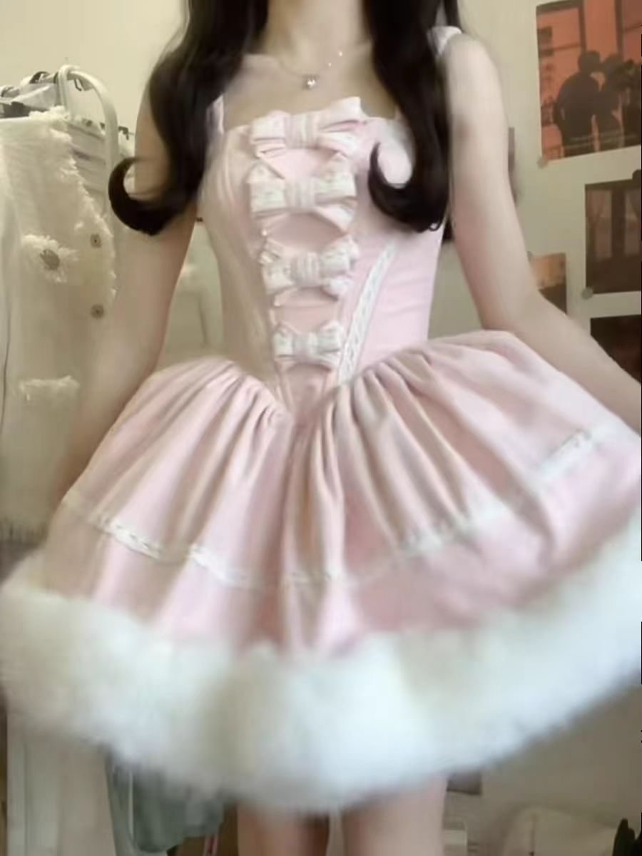 Sweet Lolita Baby Pink Plush Princess Dress Burr Cape Dress Coat