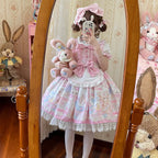 Sweet Bear Pink Lolita Dress JSK Kawaii Outfit Slip Cute Dresses Bow Lace