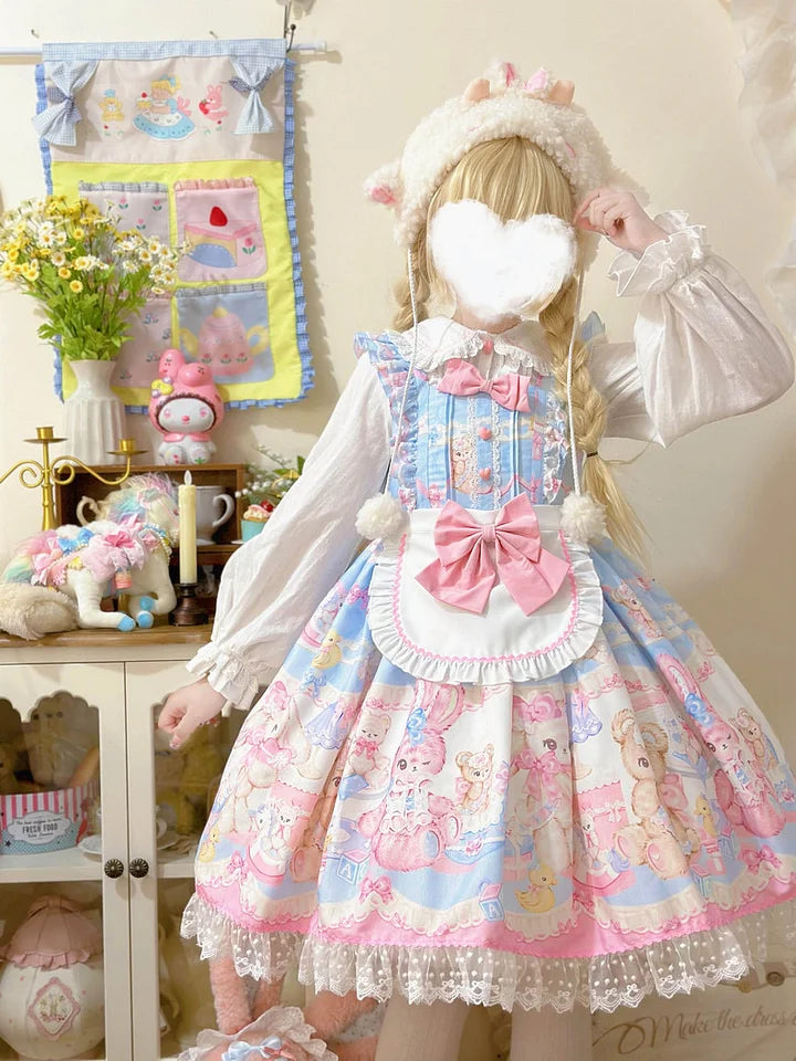 Sweet Bear Pink Lolita Dress JSK Kawaii Outfit Slip Cute Dresses Bow Lace