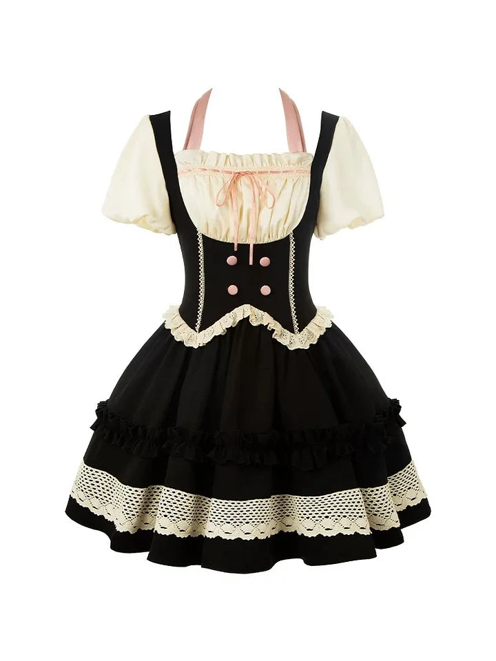 Sweet Black Lace Short Sleeved Dress Lolita Cute Dress Bow