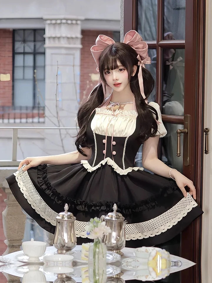Sweet Black Lace Short Sleeved Dress Lolita Cute Dress Bow